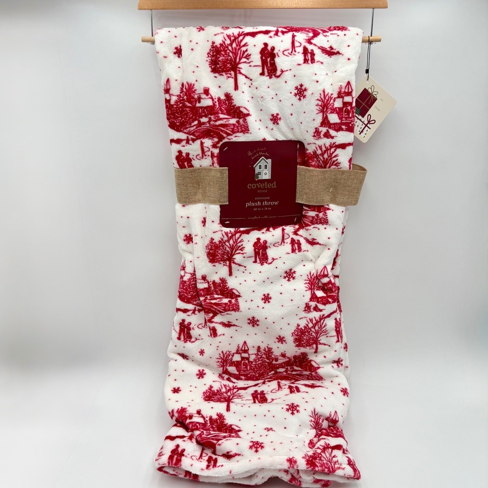 Coveted Home Oversized Plush Throw Blanket Red Winter Village Scene Soft